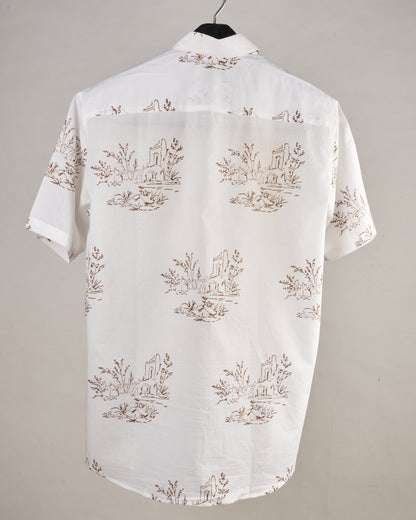 Hand Blockprinted Cotton Half Sleeve Shirt for Men - Regular Fit -White