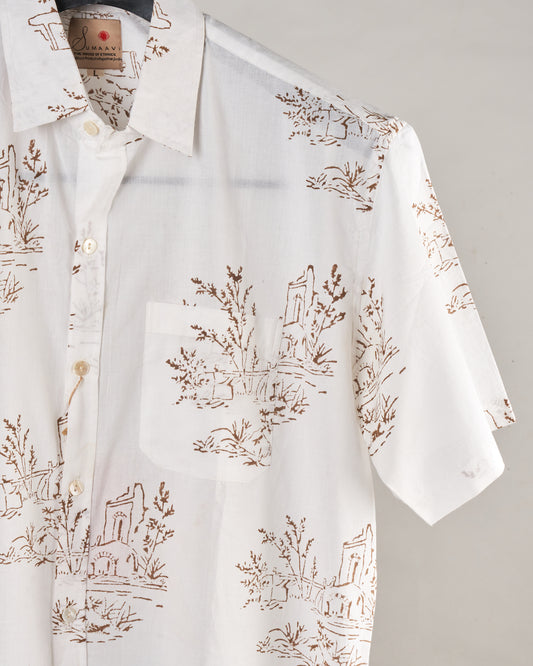 Hand Blockprinted Cotton Half Sleeve Shirt for Men - Regular Fit -White