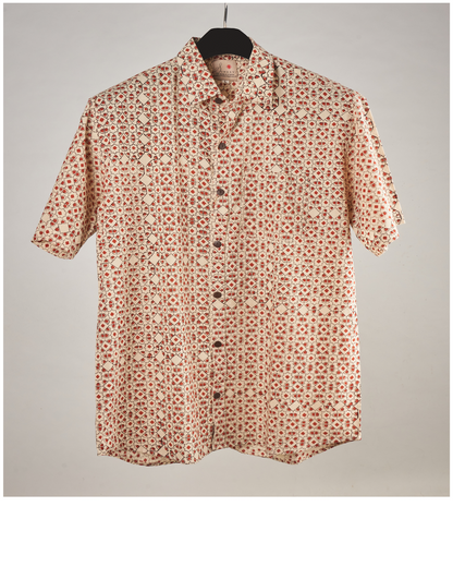 Hand Blockprinted Cotton Half Sleeve Shirt for Men - Regular Fit - Beige Geometric pattern