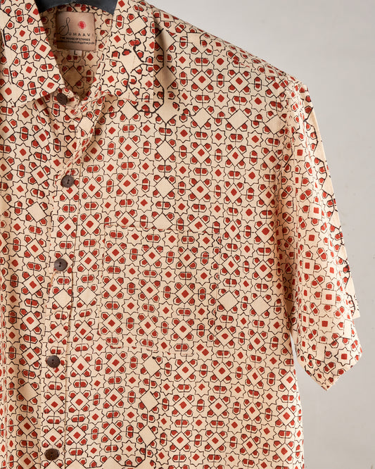 Hand Blockprinted Cotton Half Sleeve Shirt for Men - Regular Fit - Beige Geometric pattern