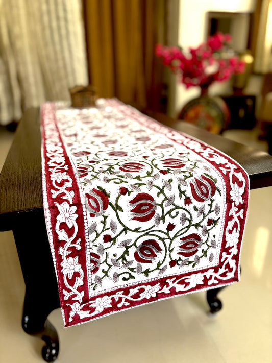 Hand blockprinted table runner | Maroon | Lotus design