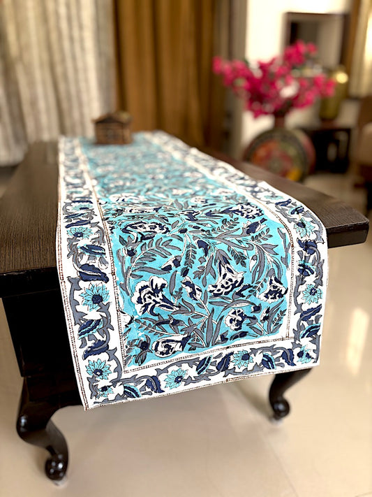 Hand block printed table runner | Blue | Floral design