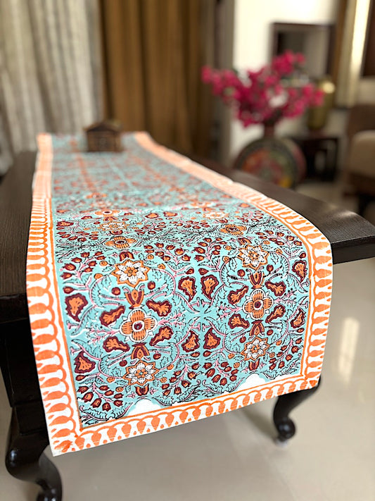 Hand block printed table runner | Orange Blue | Floral design