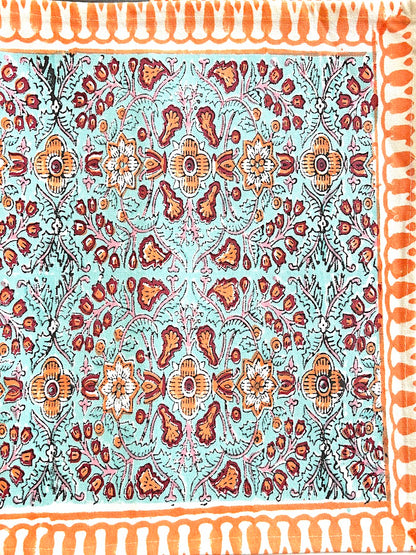 Hand block printed table runner | Orange Blue | Floral design