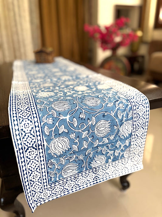 Hand block printed table runner | Light Blue | Lotus design