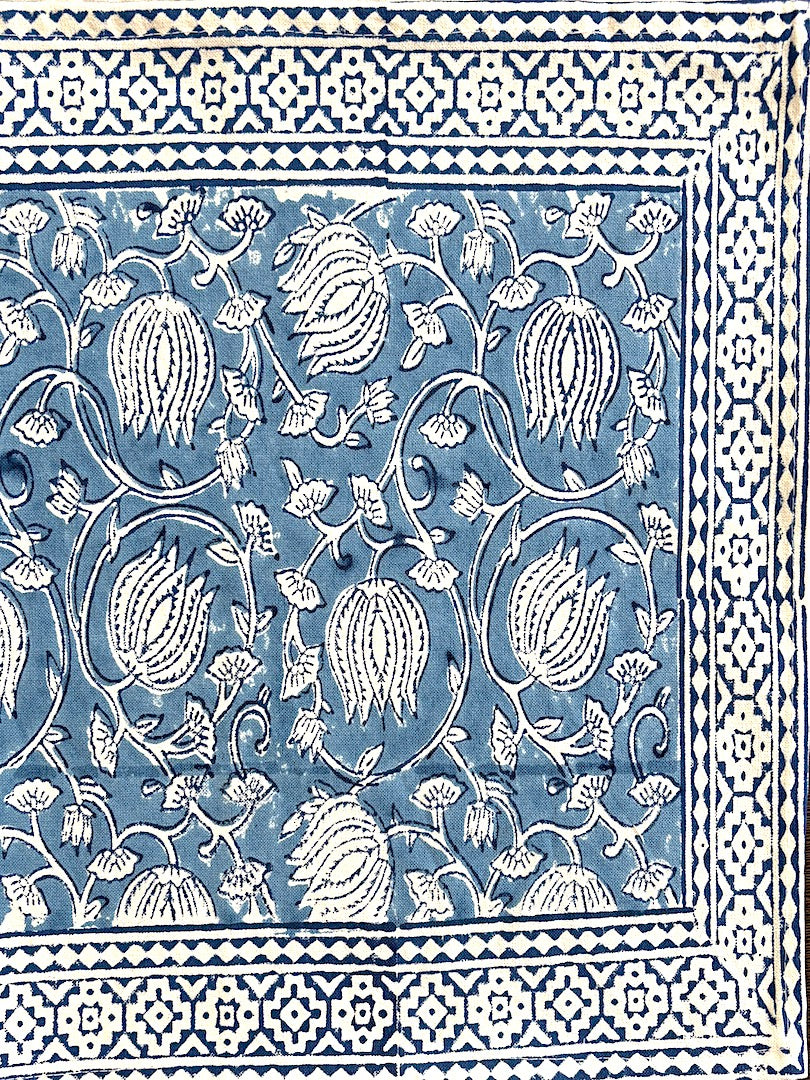 Hand block printed table runner | Light Blue | Lotus design