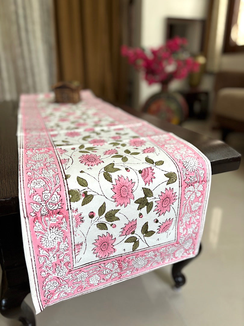 Hand block printed table runner | Pink | Floral design