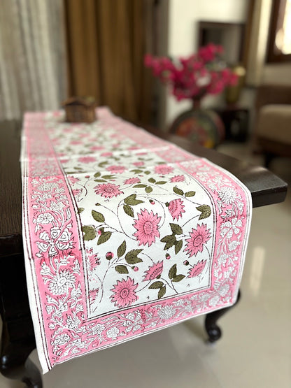 Hand block printed table runner | Pink | Floral design