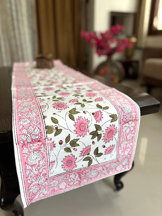 Hand block printed table runner | Pink | Floral design