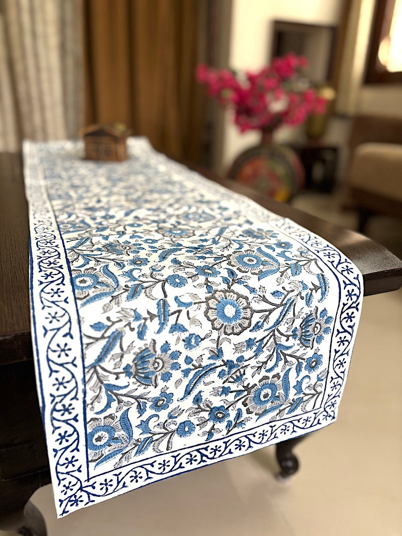 Hand block printed table runner | Blue Grey| Floral design