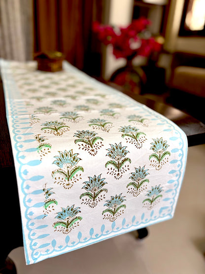 Hand block printed table runner | Light Blue| Floral design