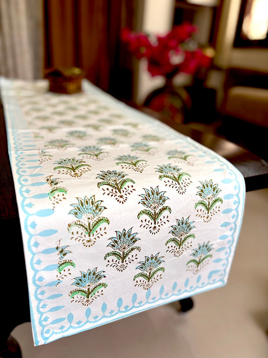 Hand block printed table runner | Light Blue| Floral design