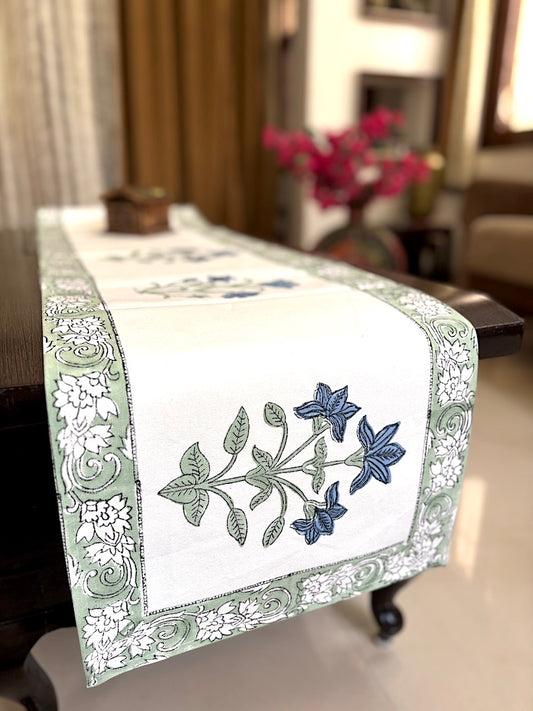 Hand block printed table runner | Green Blue| Mughlai design