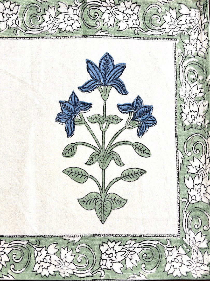 Hand block printed table runner | Green Blue| Mughlai design