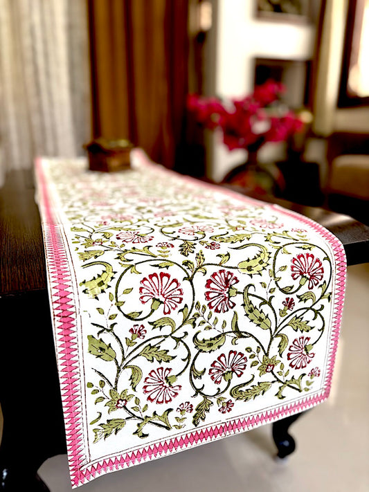 Hand block printed table runner | Pink Green| Floral design