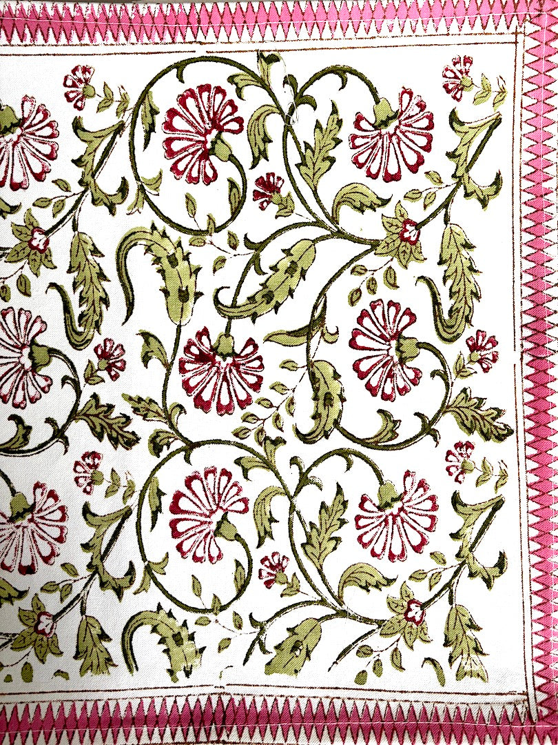Hand block printed table runner | Pink Green| Floral design