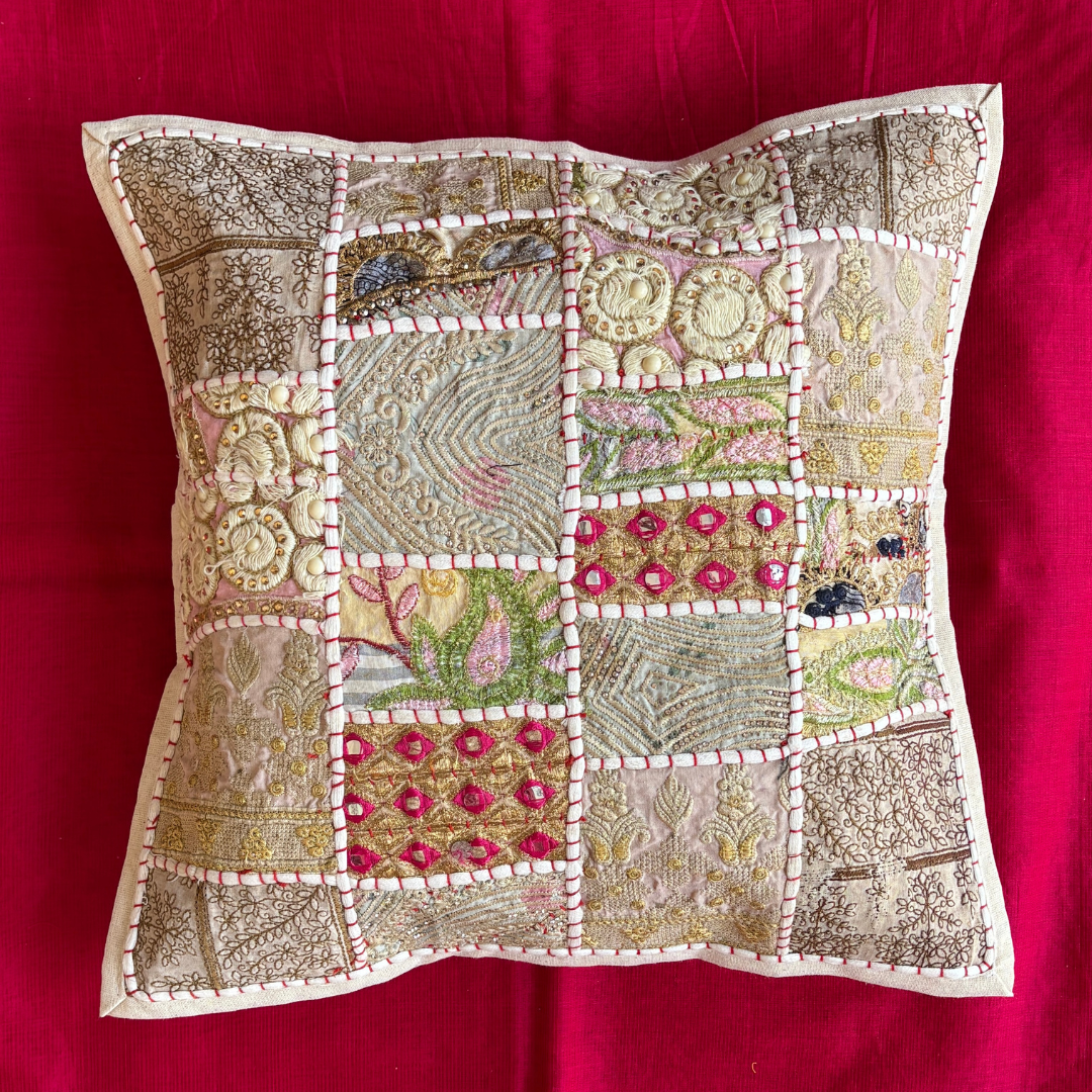 Barmeri Work  Embroidery Patchwork Cushion Cover - White