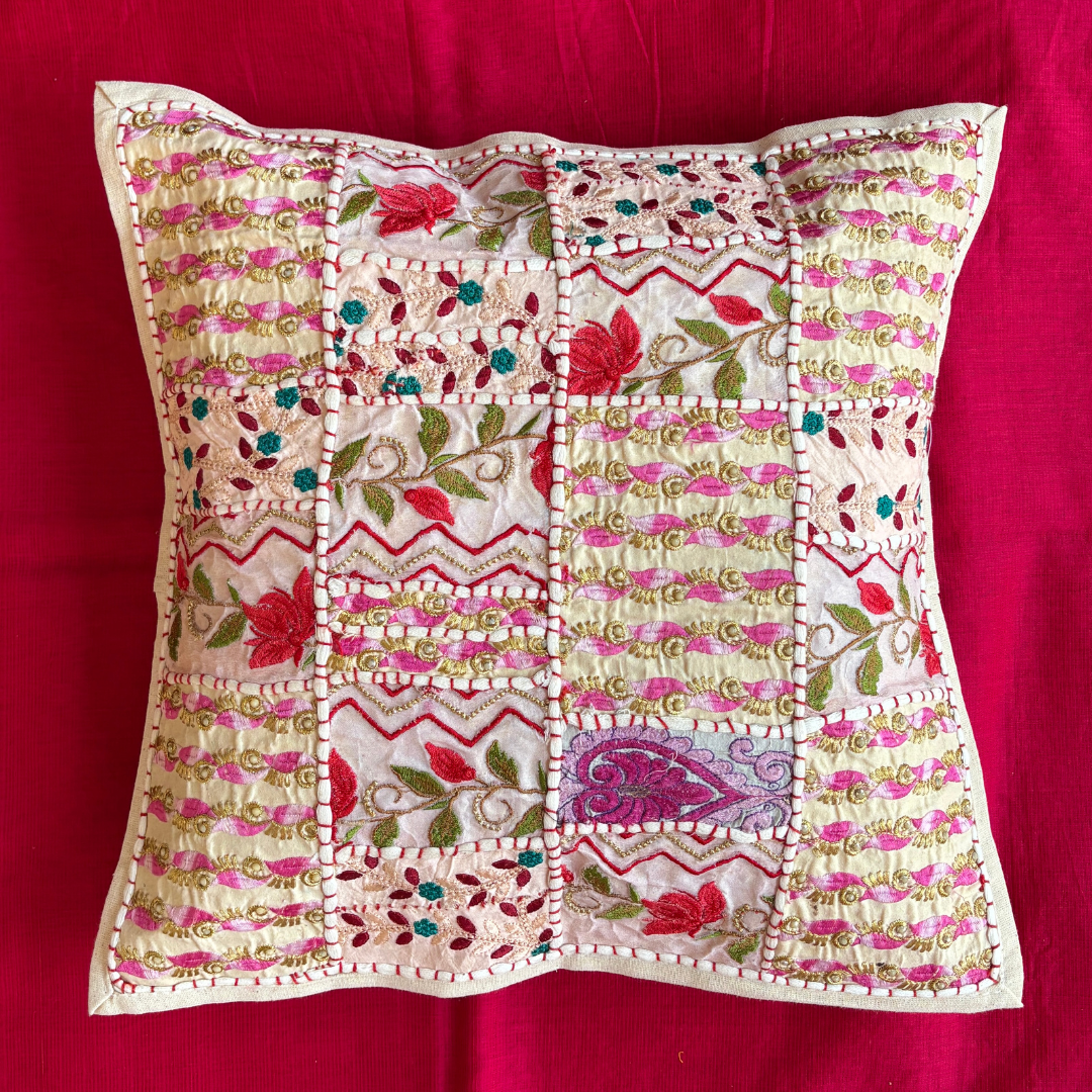 Barmeri Work  Embroidery Patchwork Cushion Cover - White