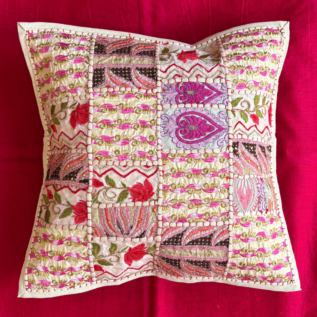 Barmeri Work  Embroidery Patchwork Cushion Cover - White