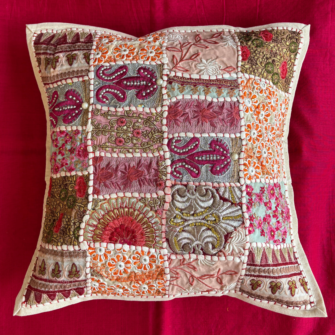 Barmeri Work  Embroidery Patchwork Cushion Cover - White