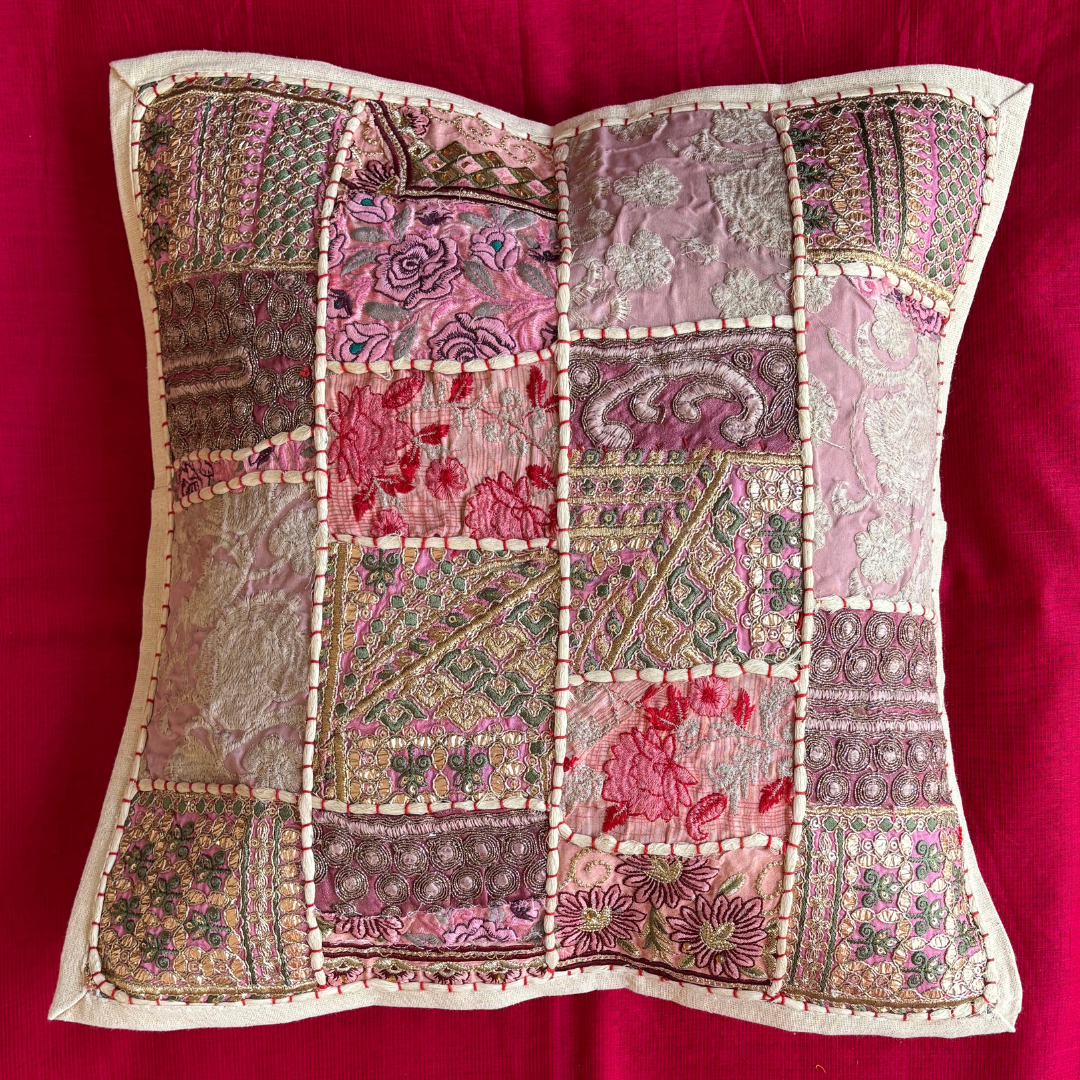Barmeri Work  Embroidery Patchwork Cushion Cover - White