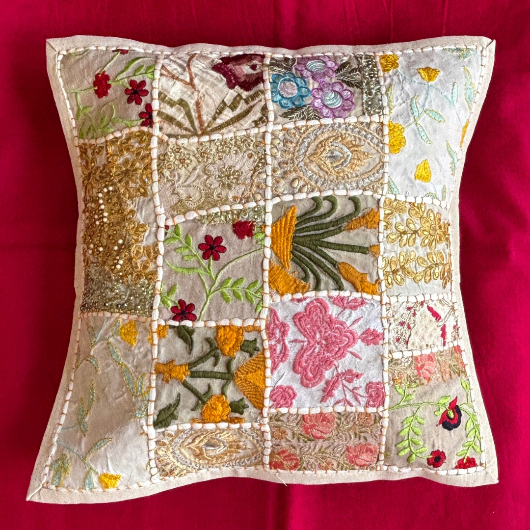 Barmeri Work  Embroidery Patchwork Cushion Cover - White
