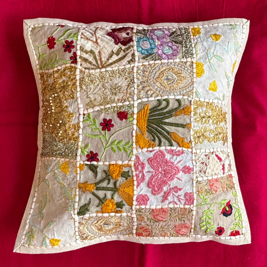 Barmeri Work  Embroidery Patchwork Cushion Cover - White