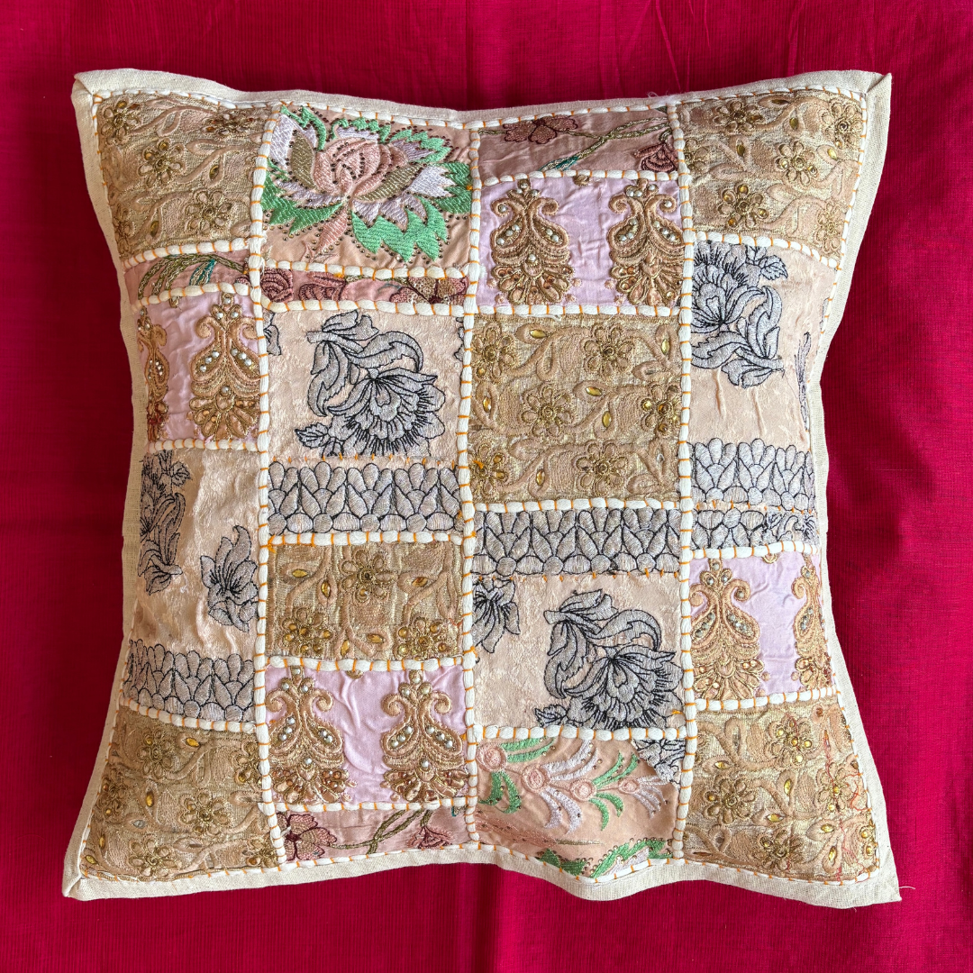 Barmeri Work  Embroidery Patchwork Cushion Cover - White