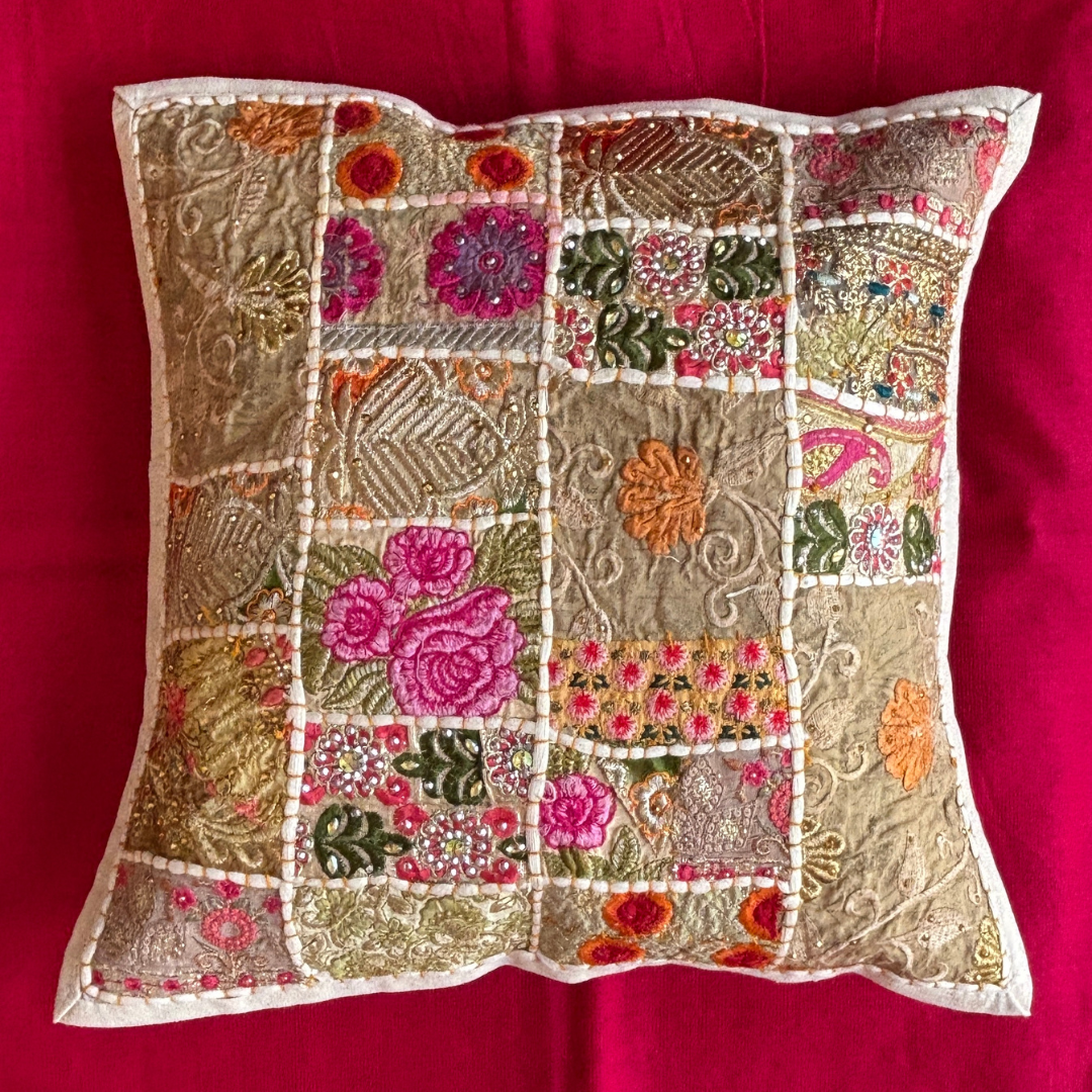 Barmeri Work  Embroidery Patchwork Cushion Cover - White
