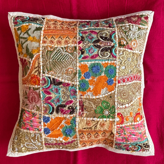 Barmeri Work  Embroidery Patchwork Cushion Cover - White