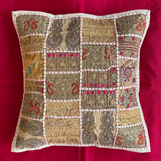 Barmeri Work  Embroidery Patchwork Cushion Cover - White