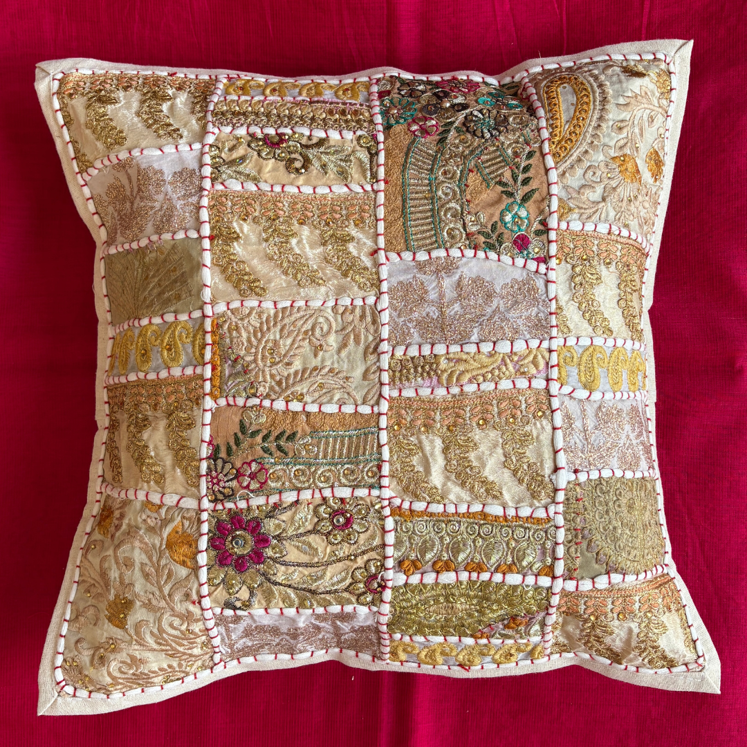 Barmeri Work  Embroidery Patchwork Cushion Cover - White