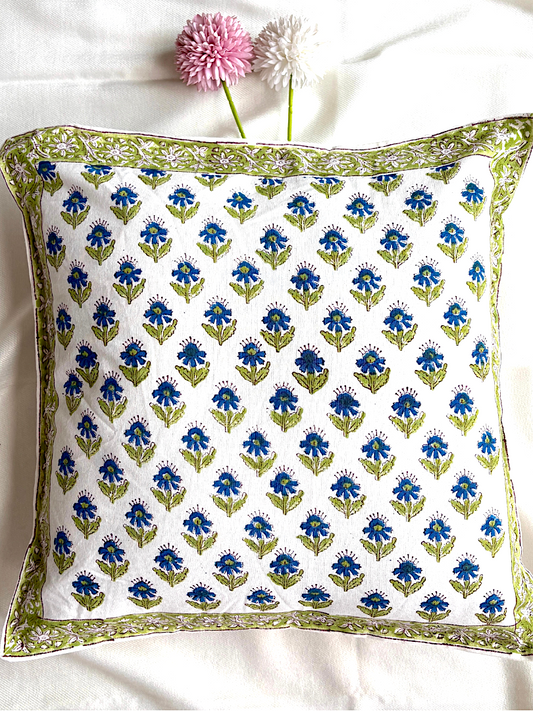 Hand Block printed Cushion Covers-Green Blue-Small Floral design (set of 5)