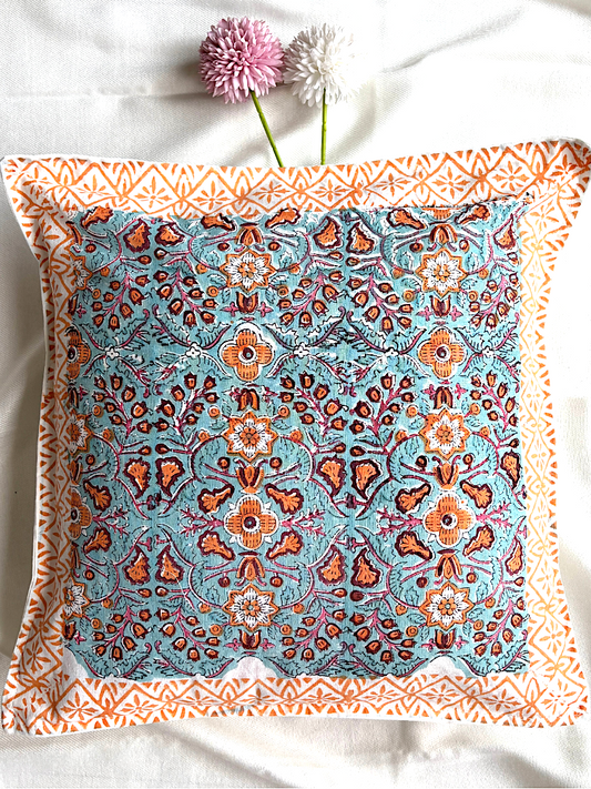 Hand Blockprinted Cushion Cover-Orange-Blue Floral design (set of 5)