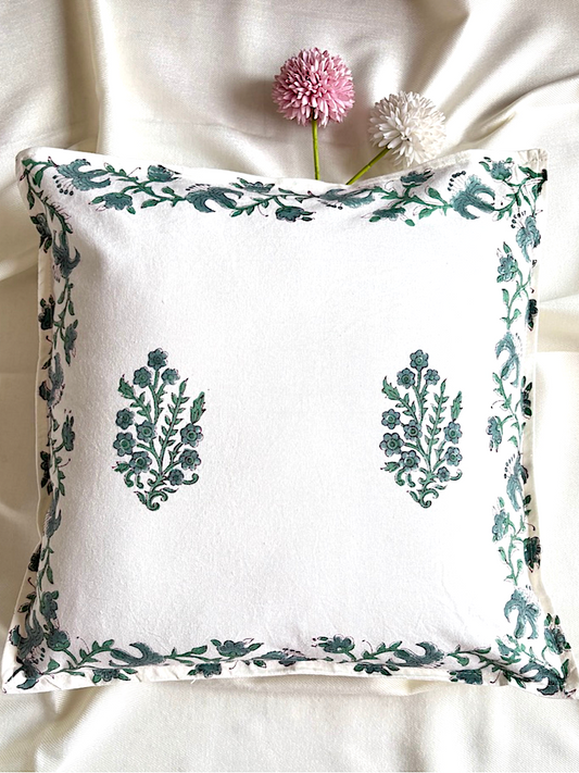 Hand Blockprinted Cushion Cover-Blue-Green Floral design (set of 5)