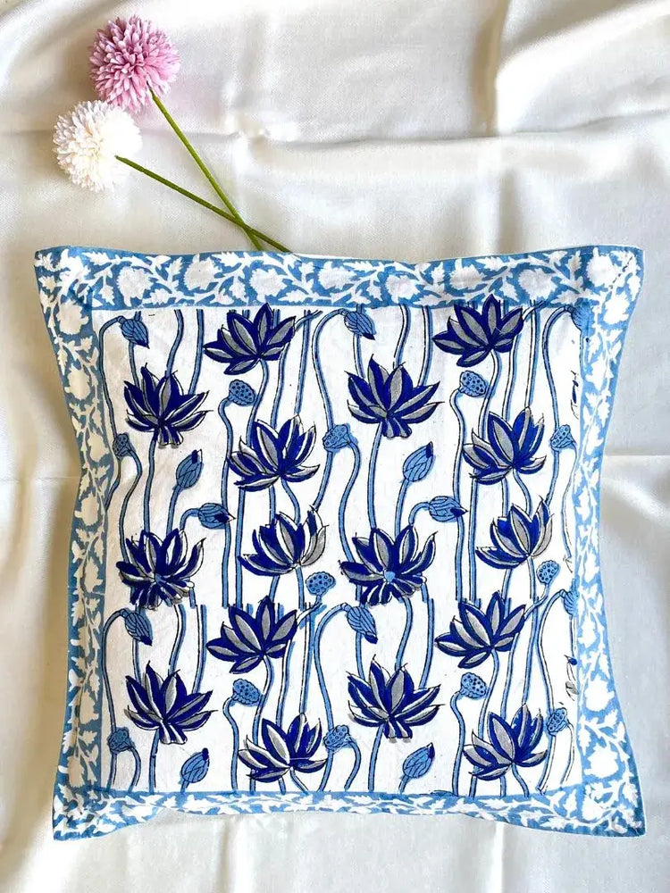 Hand Blockprinted Cushion Cover-Blue-Lotus design (set of 6 cushion covers)