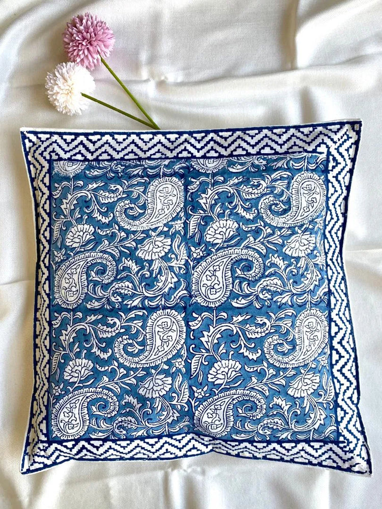Hand Blockprinted Cushion Cover-Blue-Paisley design (set of 5 cushion covers)