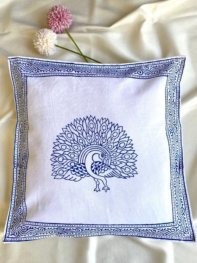 Hand Blockprinted Cushion Cover-Blue-Peacock design (set of 5 cushion covers)