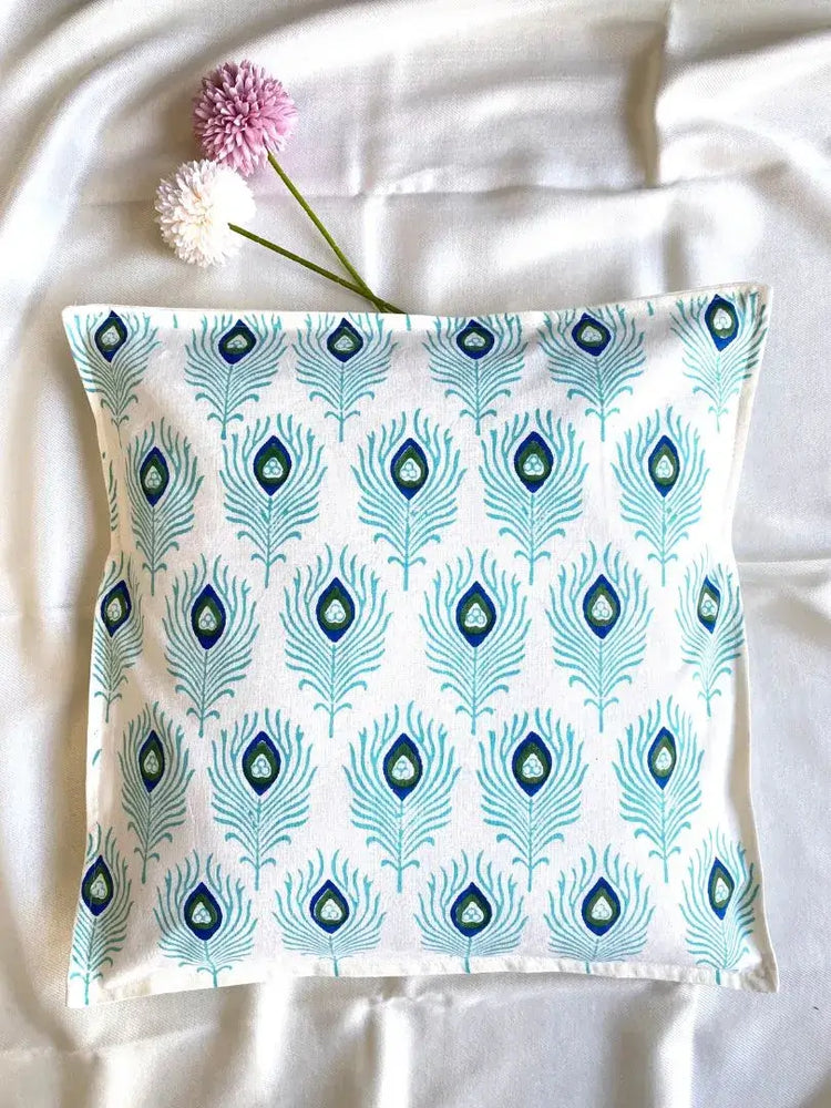 Hand Blockprinted Cushion Cover-Blue-Peacock feather design (set of 5 cushion covers)