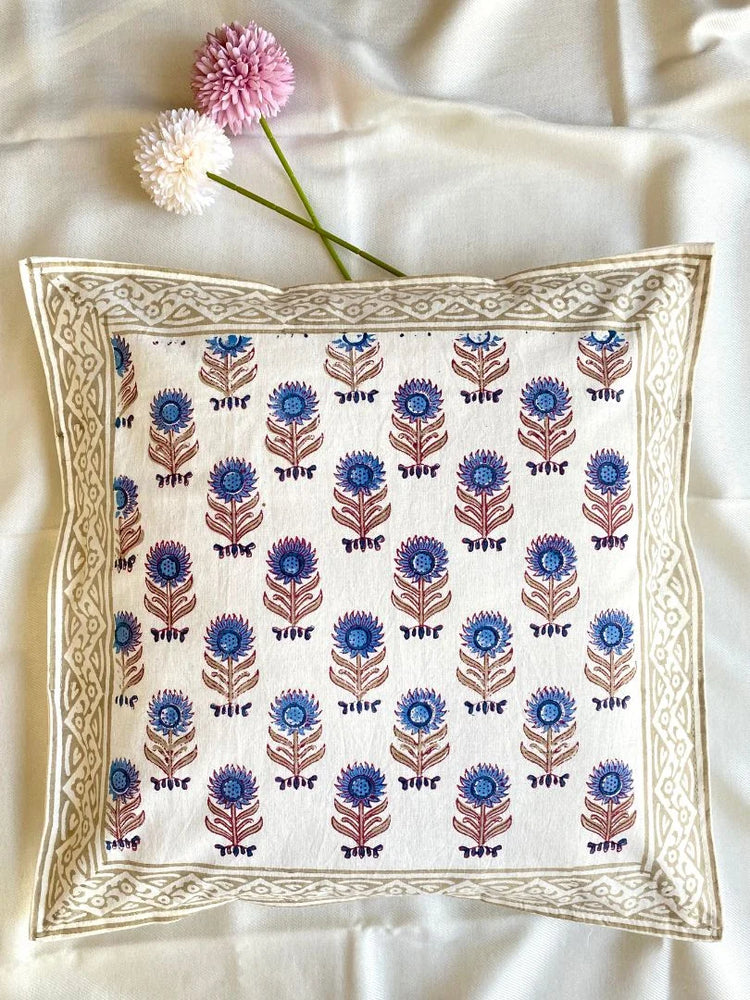 Hand Blockprinted Cushion Cover-Blue-Sunflower design (set of 5 cushion covers)