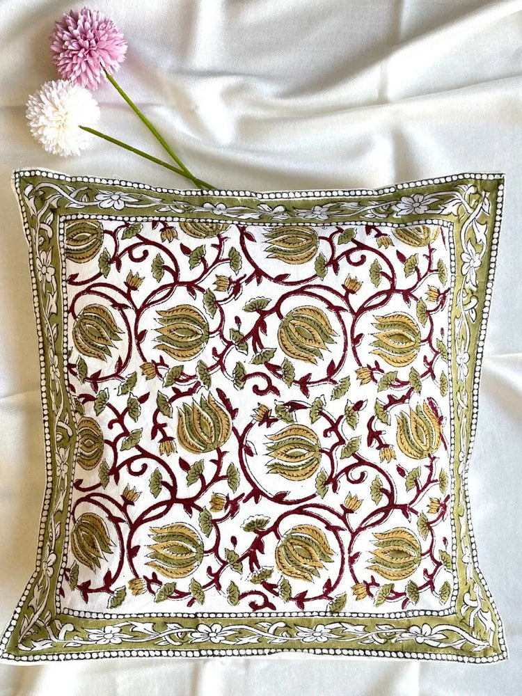 Hand Blockprinted Cushion Cover-Green-Lotus Design (set of 5 cushion covers)
