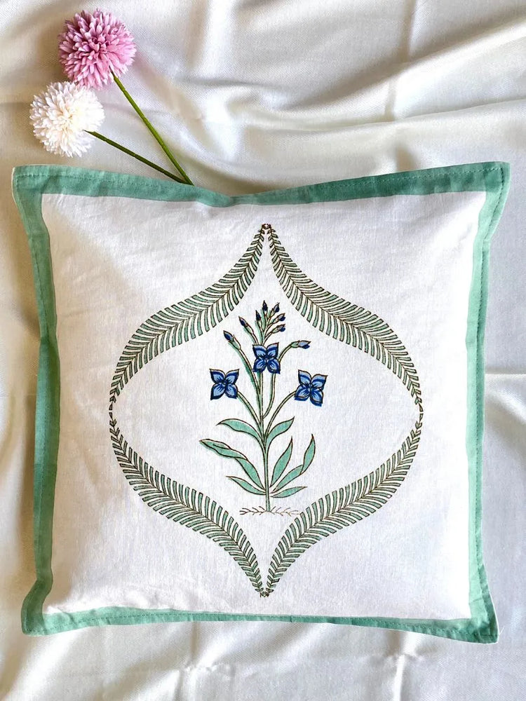 Hand Blockprinted Cushion Cover-Green-Mughlai Floral design (set of 5 cushion covers)