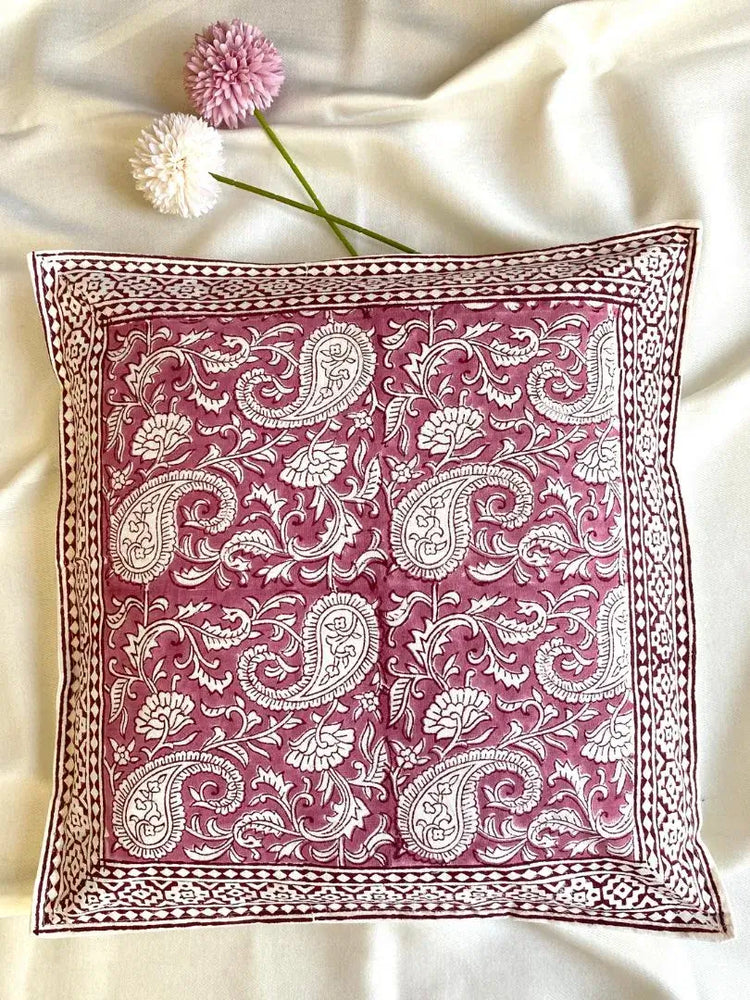 Hand Blockprinted Cushion Cover-Light maroon-Paisley design (set of 5 cushion covers)