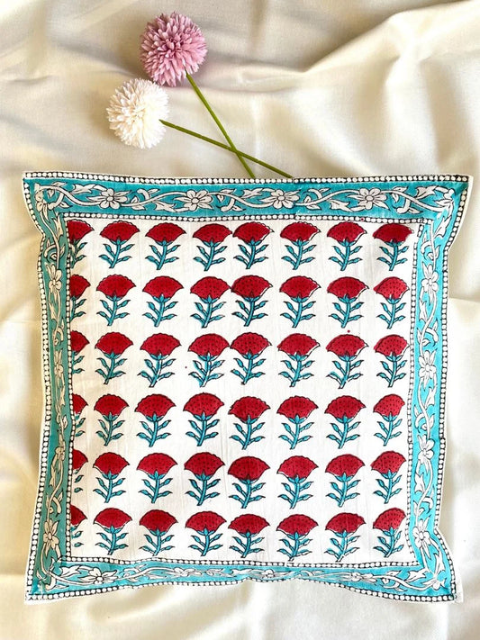 Hand Blockprinted Cushion Cover-Red-Floral design (set of 5 cushion covers)