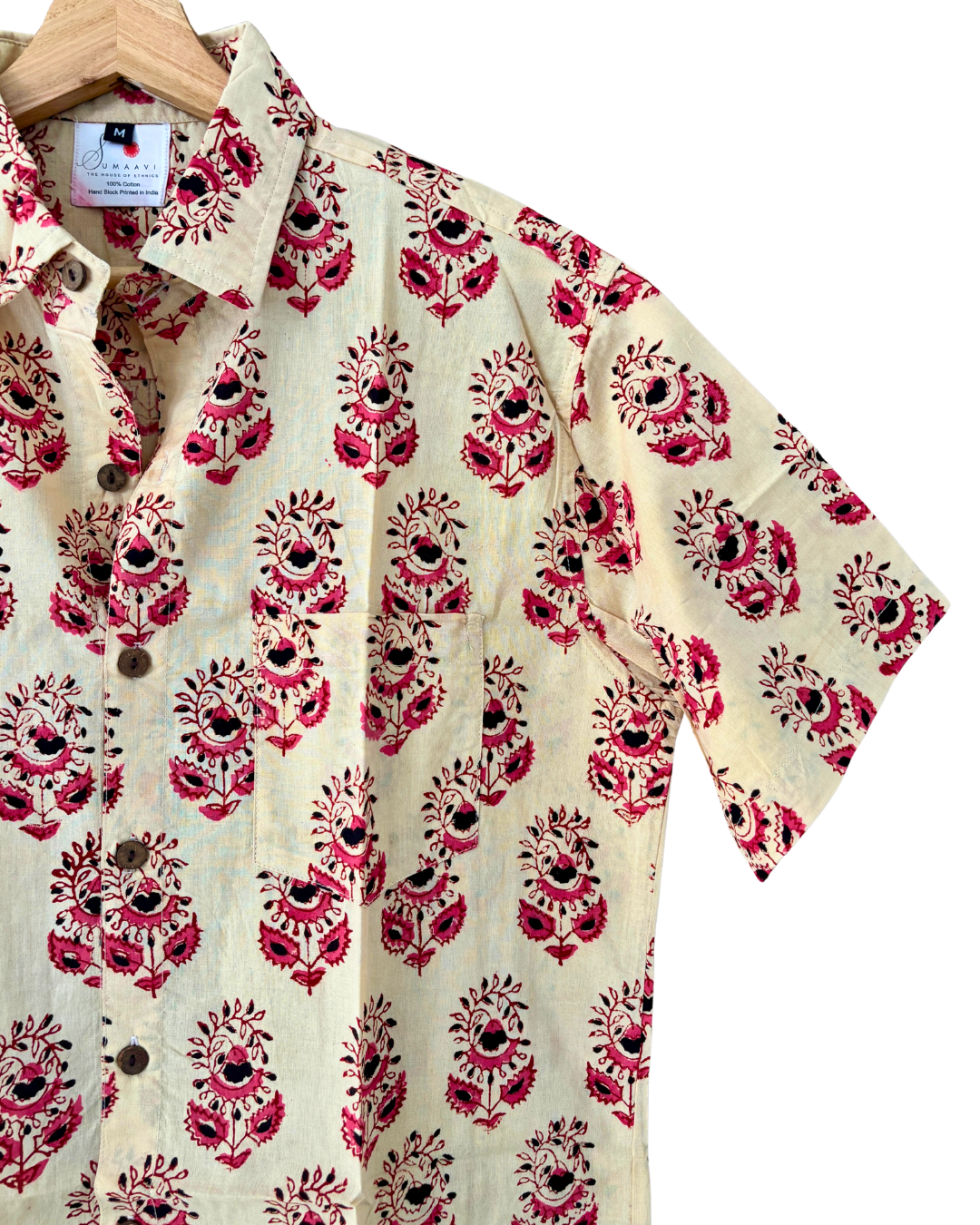 Hand Blockprinted Cotton Half Sleeve Shirt for Men - Regular Fit - Beige Pink Floral pattern