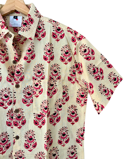 Hand Blockprinted Cotton Half Sleeve Shirt for Men - Regular Fit - Beige Pink Floral pattern