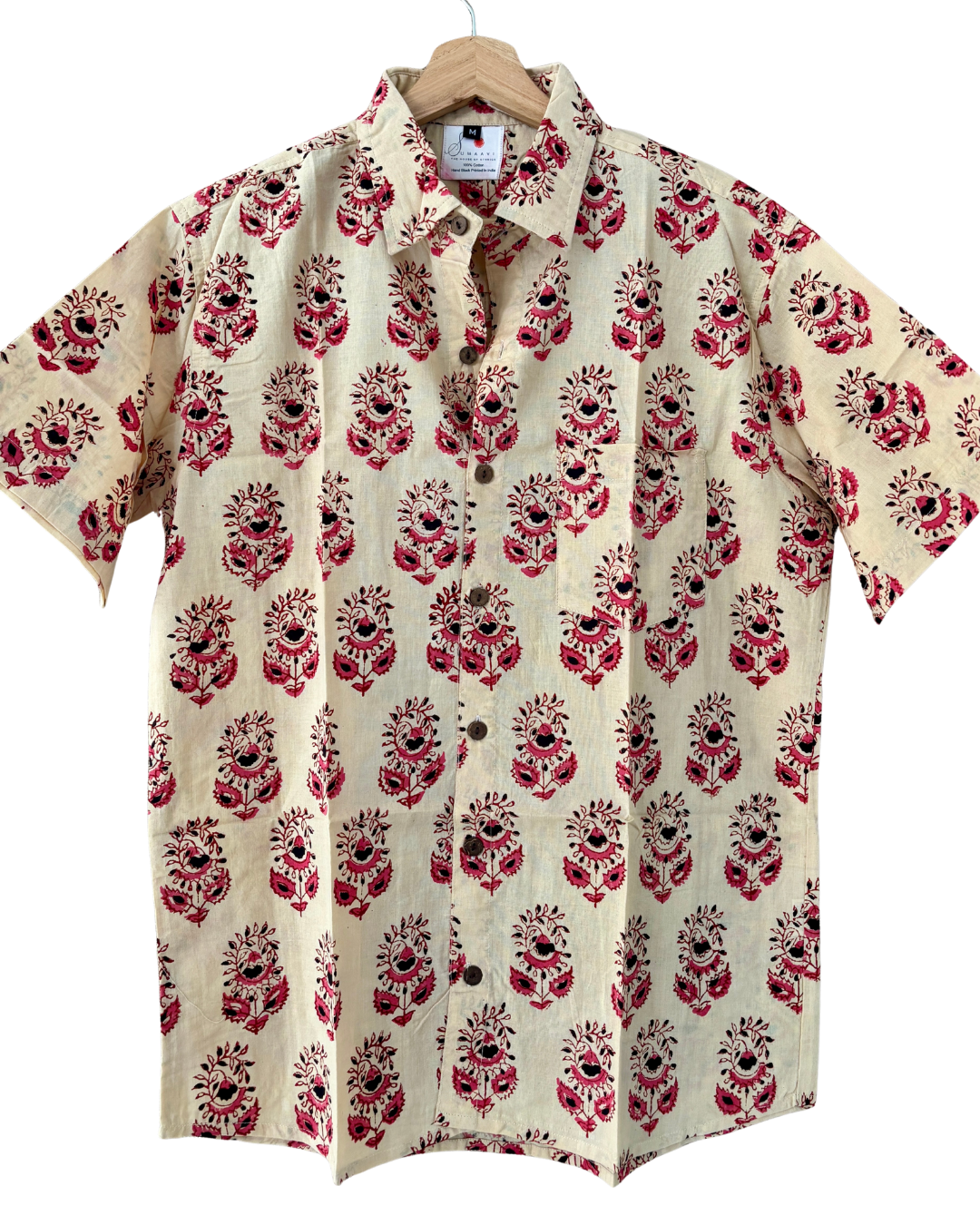 Hand Blockprinted Cotton Half Sleeve Shirt for Men - Regular Fit - Beige Pink Floral pattern