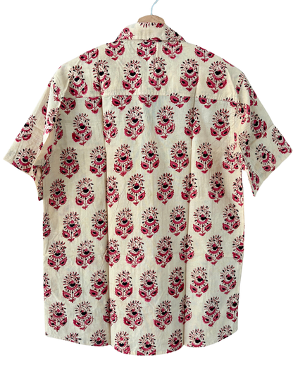 Hand Blockprinted Cotton Half Sleeve Shirt for Men - Regular Fit - Beige Pink Floral pattern