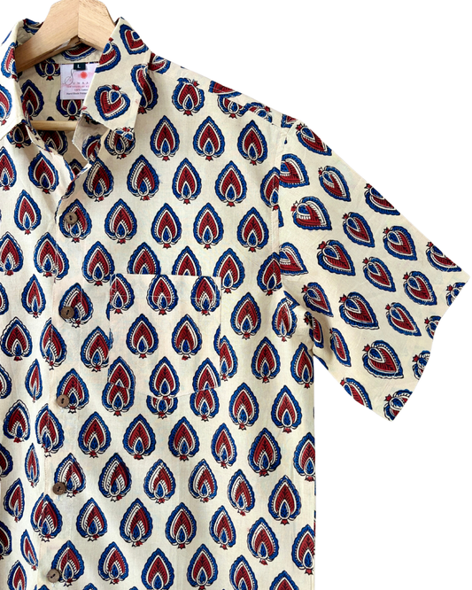 Hand Blockprinted Cotton Half Sleeve Shirt for Men - Regular Fit - Beige Red Blue Motifs