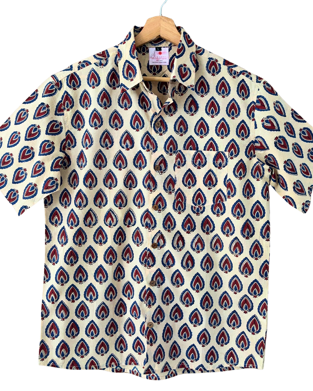 Hand Blockprinted Cotton Half Sleeve Shirt for Men - Regular Fit - Beige Red Blue Motifs